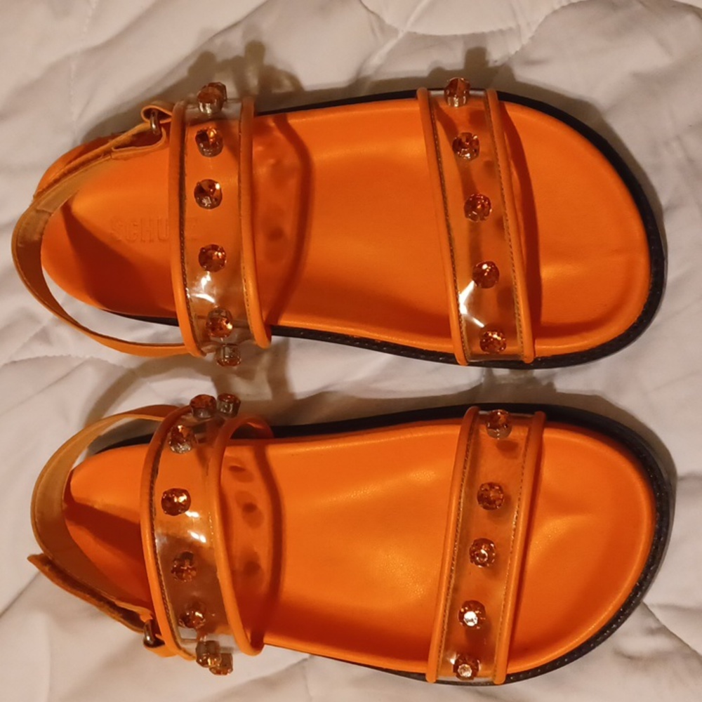 SCHUTZ Orange Jelly Strap Sandals with Gem Accents
